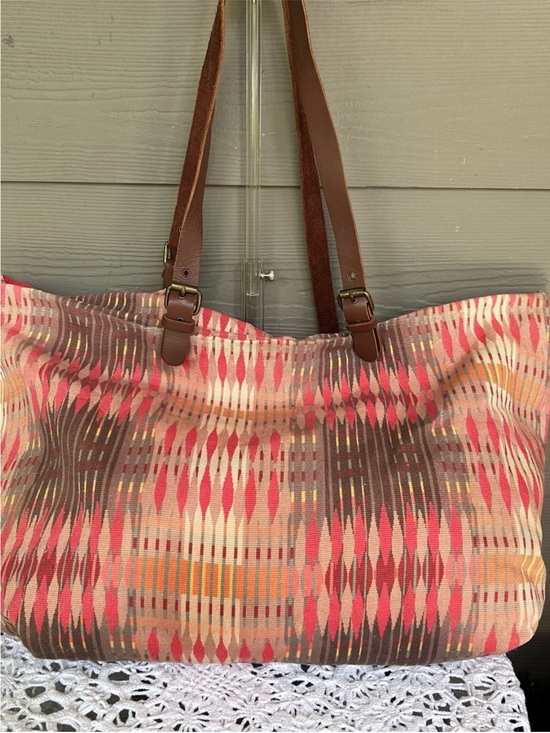 Handbags - Vintage Prana Woven Multicolor Tote Bag with Brown Leather Straps